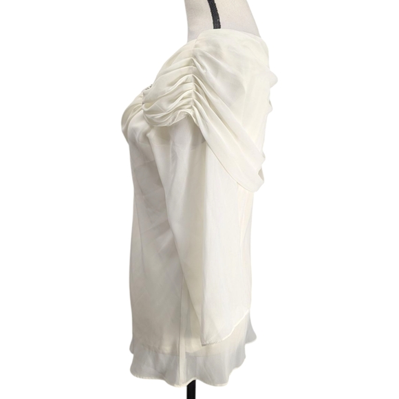 MSK Blouse Off-Shoulder Chiffon Top Cream Silver Tone Flower Brooch Womens Large - Picture 2 of 12